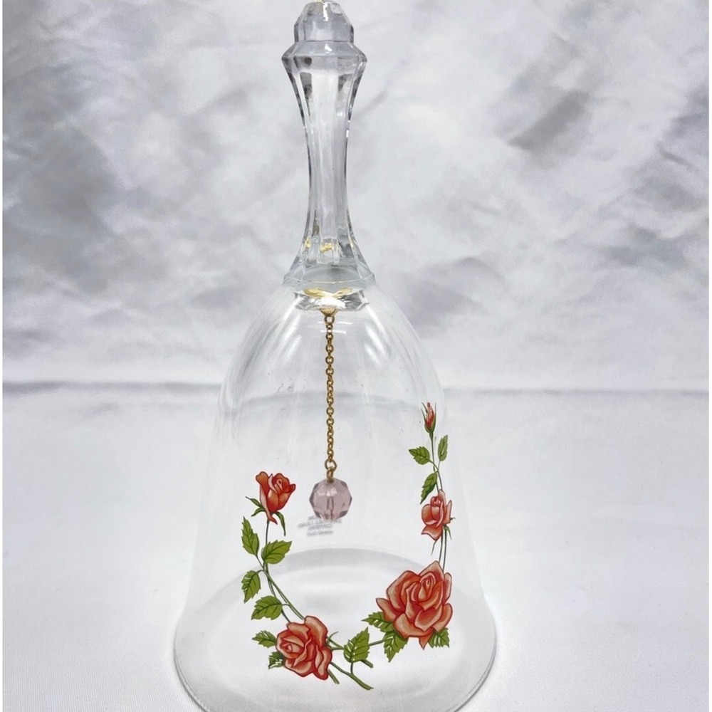 Avon Vintage 24% Lead Crystal Rose Floral Dinner Bell Clear Peach 6.25"
